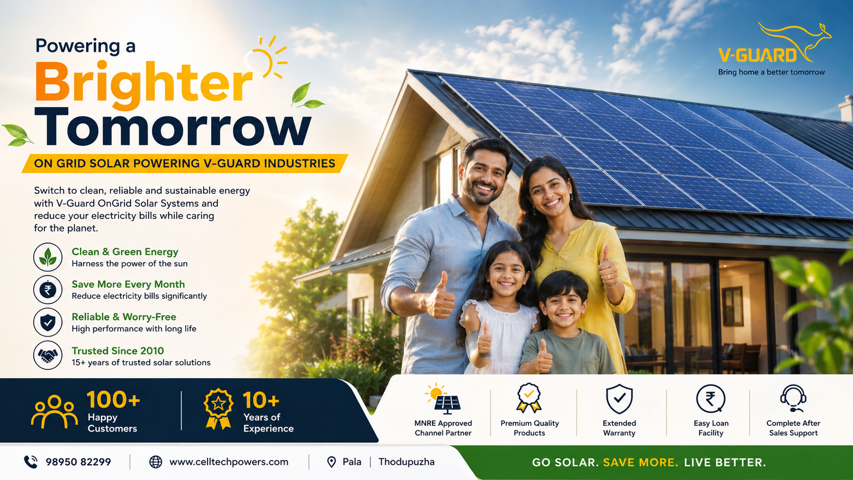 V-Guard residential on-grid solar system with a happy family